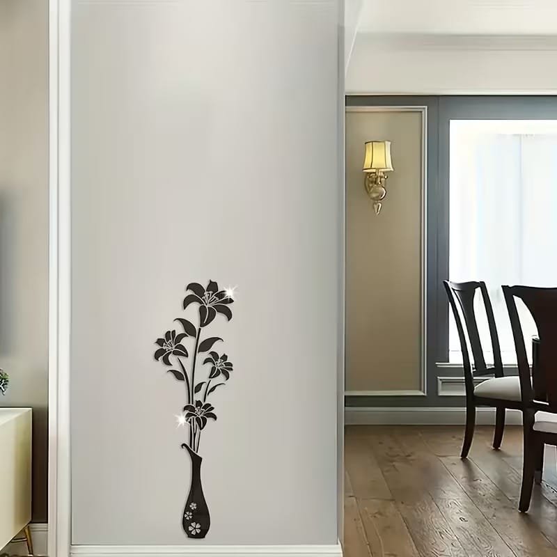 Laser Cut Acrylic Mirror Floral Wall Sticker Acrylic Vase And Lilies Living Room Wall Decor