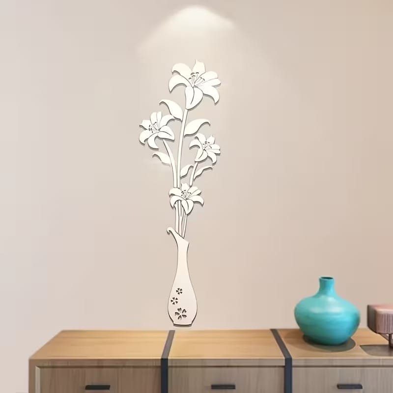 Laser Cut Acrylic Mirror Floral Wall Sticker Acrylic Vase And Lilies Living Room Wall Decor