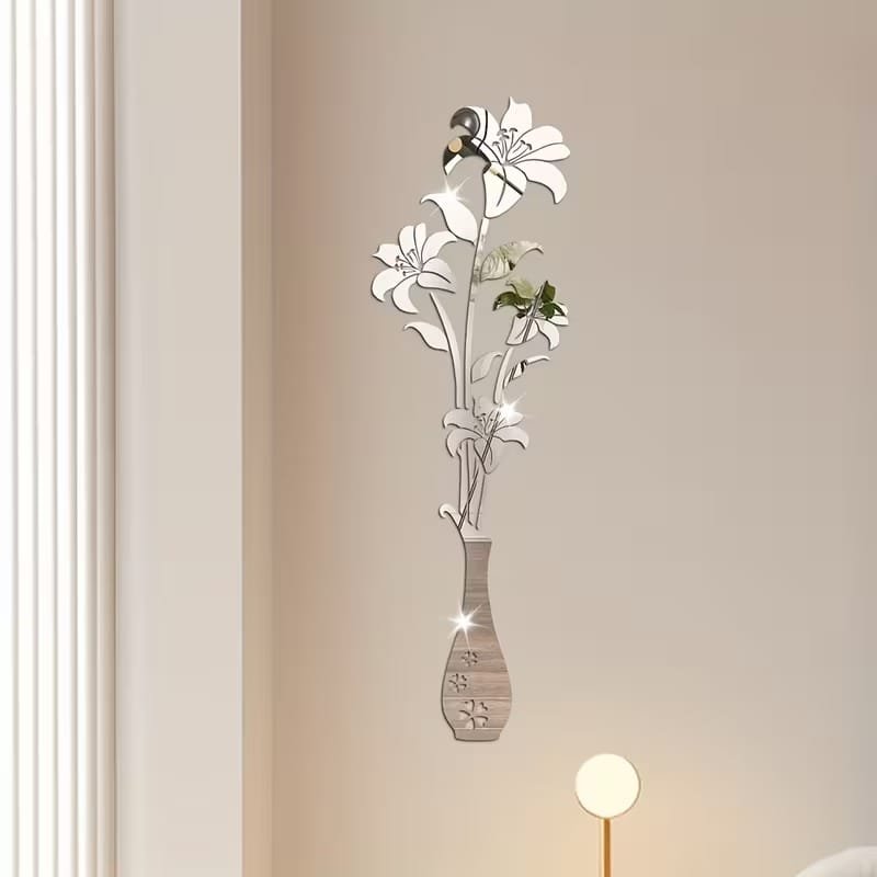 Laser Cut Acrylic Mirror Floral Wall Sticker Acrylic Vase And Lilies Living Room Wall Decor