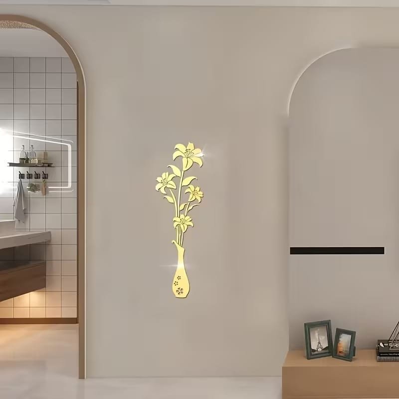 Laser Cut Acrylic Mirror Floral Wall Sticker Acrylic Vase And Lilies Living Room Wall Decor