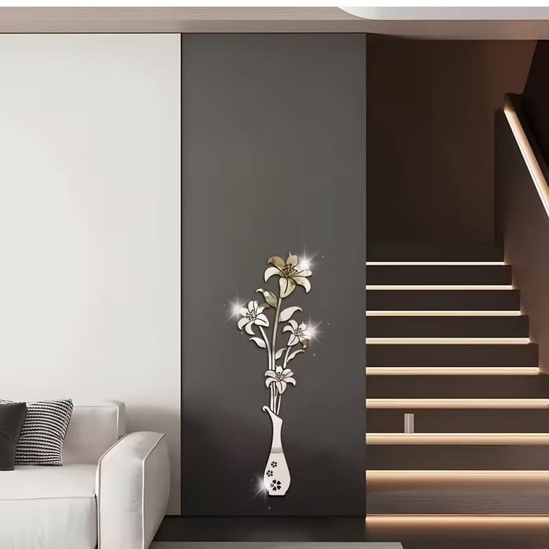 Laser Cut Acrylic Mirror Floral Wall Sticker Acrylic Vase And Lilies Living Room Wall Decor