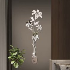 Laser Cut Acrylic Mirror Floral Wall Sticker Acrylic Vase And Lilies Living Room Wall Decor