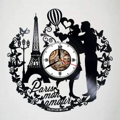 Reloj de pared con disco de vinilo Mon Amour cortado con láser París Francia
