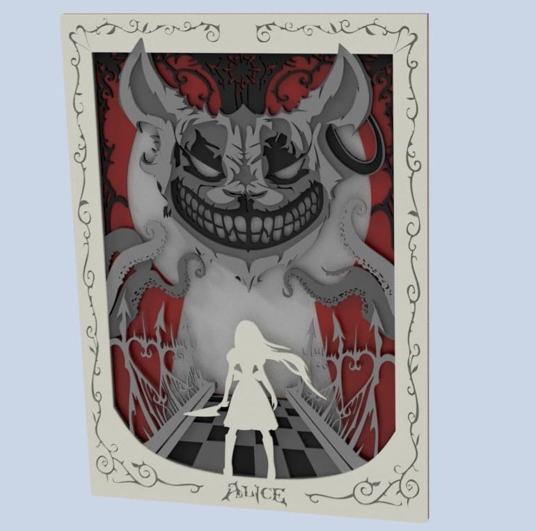 Lasergeschnittene Schichtkunst Alice: Otherlands "Red Cheshire"