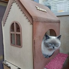 Laserowo wycinany drewniany domek dla kota Meble dla kota Prezent dla miłośnika kotów