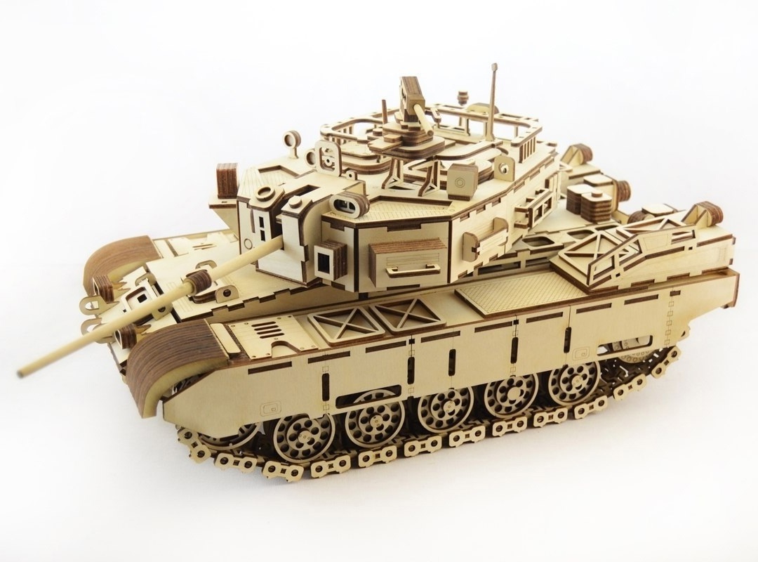 Quebra-cabeça 3D de tanque de madeira cortado a laser