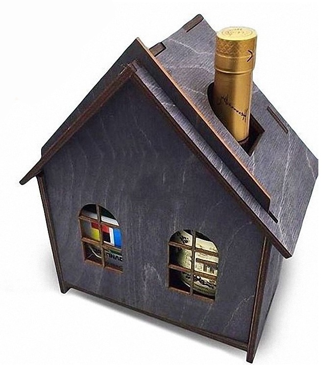 Caja de regalo de vino con forma de casa cortada con láser