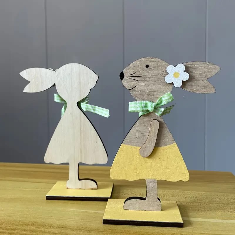 Laser Cut Easter Bunny Statue Decorations Wooden Couple Bunny Ornaments