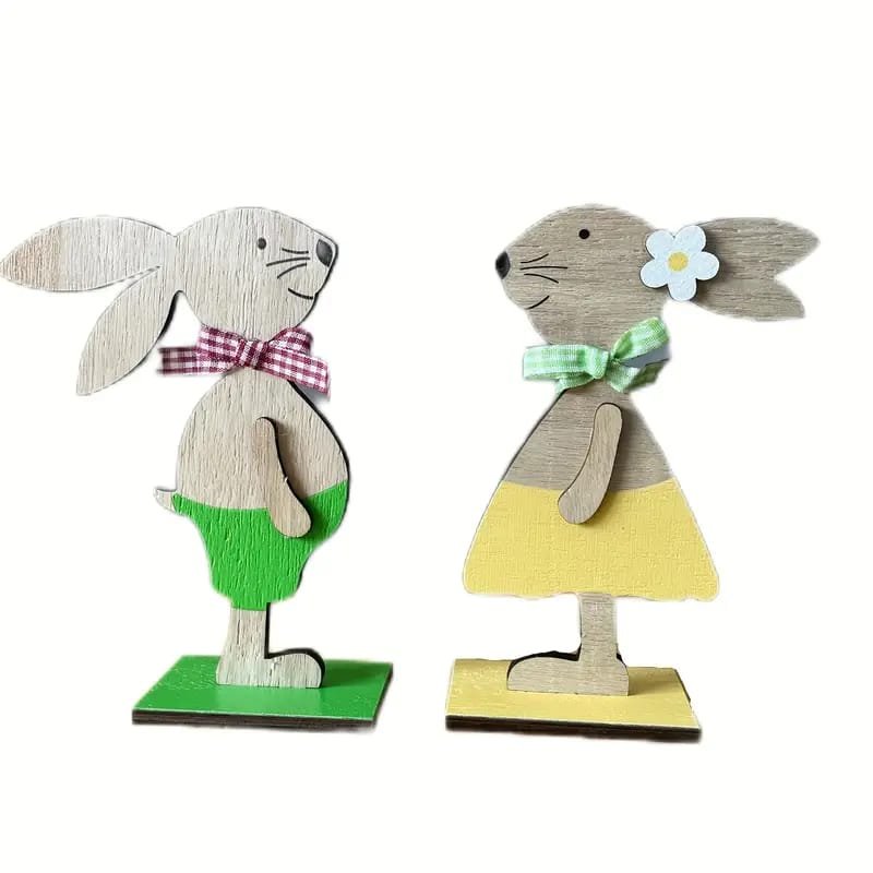 Laser Cut Easter Bunny Statue Decorations Wooden Couple Bunny Ornaments