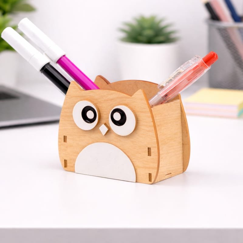 Laser Cut Cute Owl Pen Holder, Multipurpose Wooden Desk Organizer for Pen and Pencil