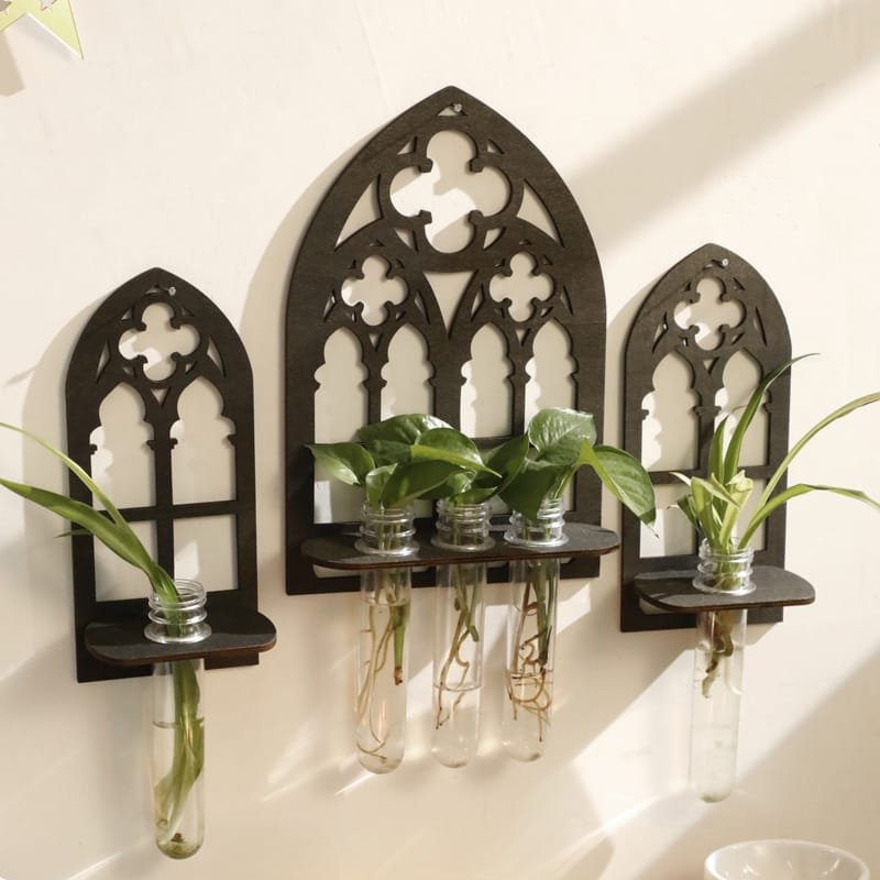 Laser Cut Rustic Style Plant Propagation Rack Wall-Mounted Vases Bohemian Wooden Hollow Window Hangings