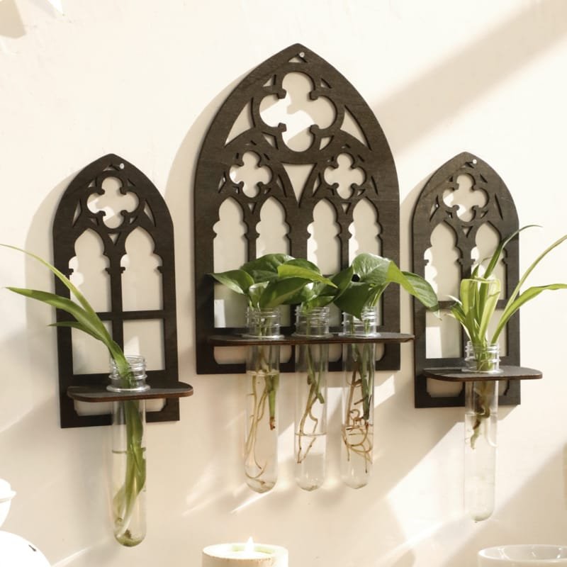 Laser Cut Rustic Style Plant Propagation Rack Wall-Mounted Vases Bohemian Wooden Hollow Window Hangings