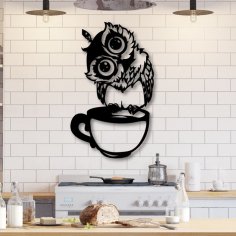 Art mural de cuisine découpé au laser Hibou assis sur une tasse