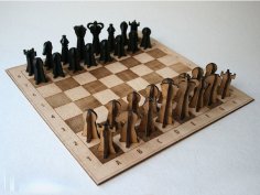 Tabuleiro de xadrez de madeira cortado a laser e peças 3D