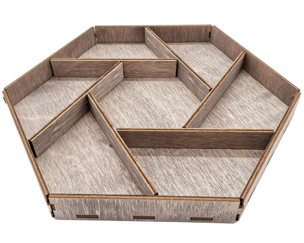 Bandeja de servicio hexagonal de madera cortada con láser con compartimentos de diseño único