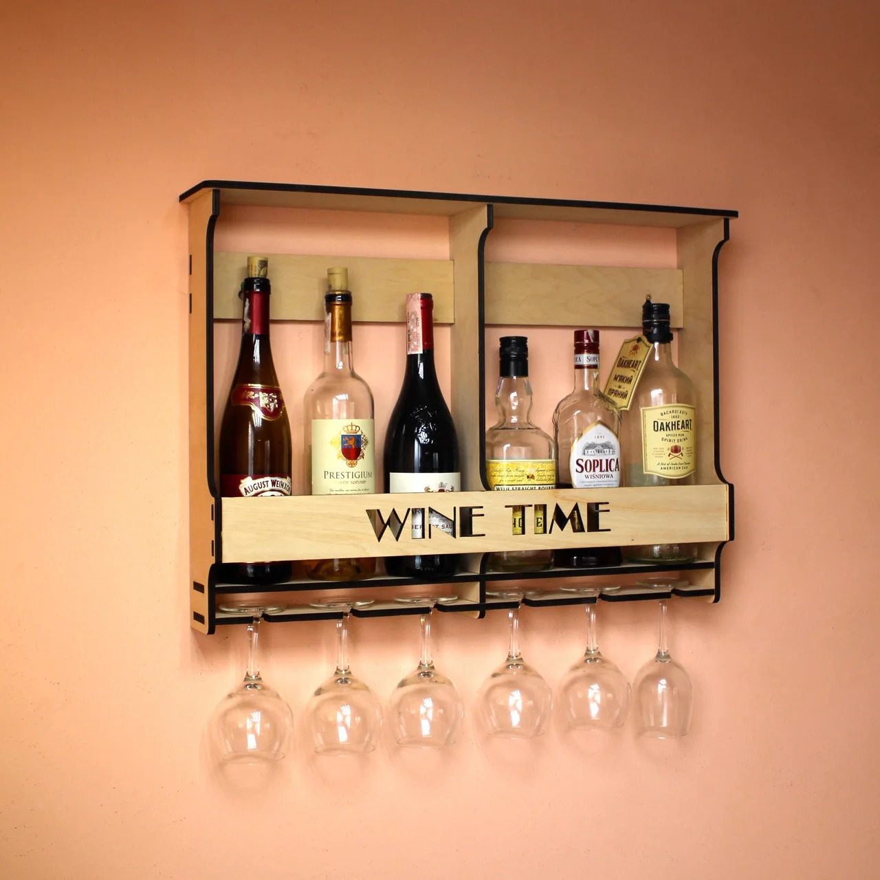 Laser Cut Wall Mounted Wine Rack Mini Bar Liquor Cabinet Minibar For 6 Bottles And Glasses Free Vector