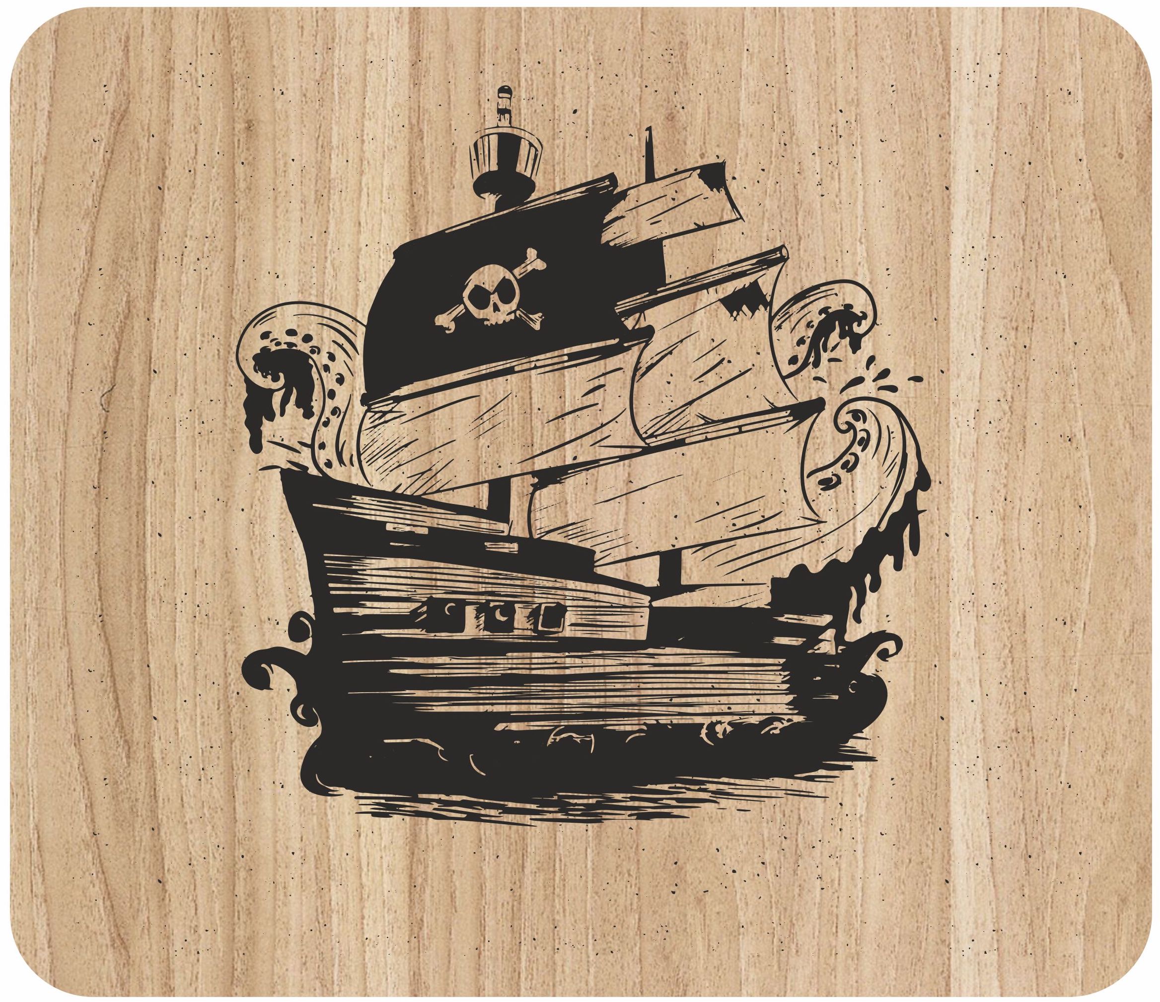 Arte de barco pirata de grabado láser en tabla de cortar