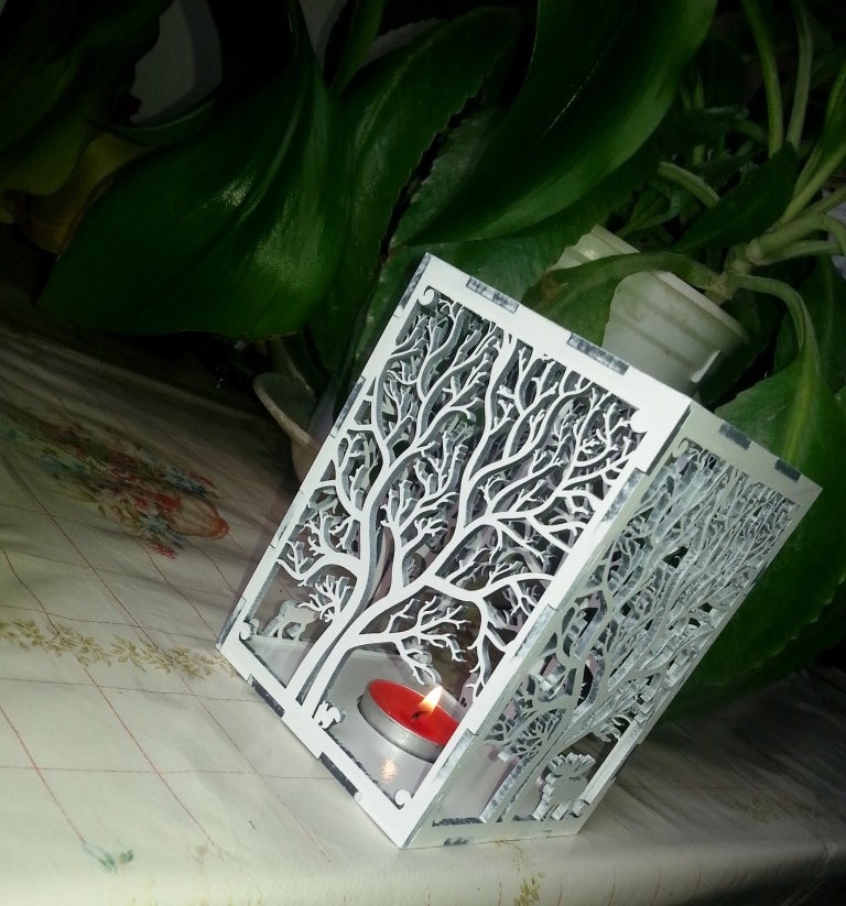 나무 나무 그림자 촛불 랜턴 레이저 컷 템플릿