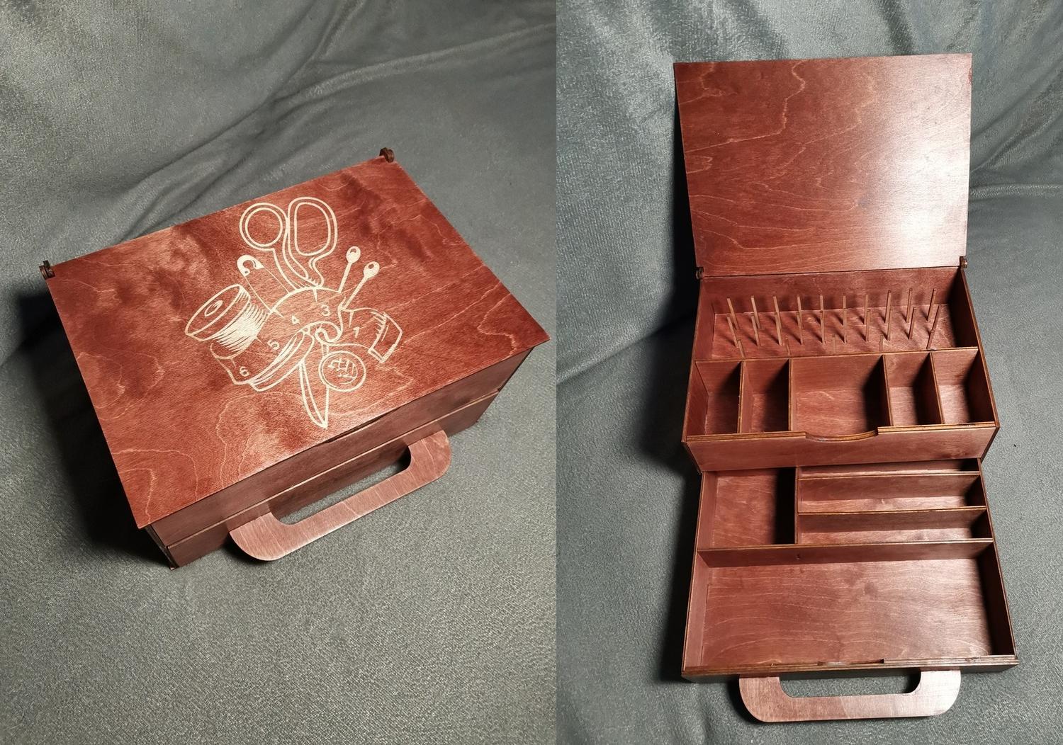 लेजर कट थ्रेड स्पूल बॉक्स सिलाई किट लकड़ी का भंडारण बॉक्स