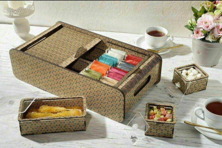 Caja de bolsitas de té cortadas con láser