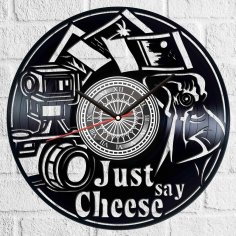 Horloge de photographie en vinyle Just Say Cheese découpée au laser