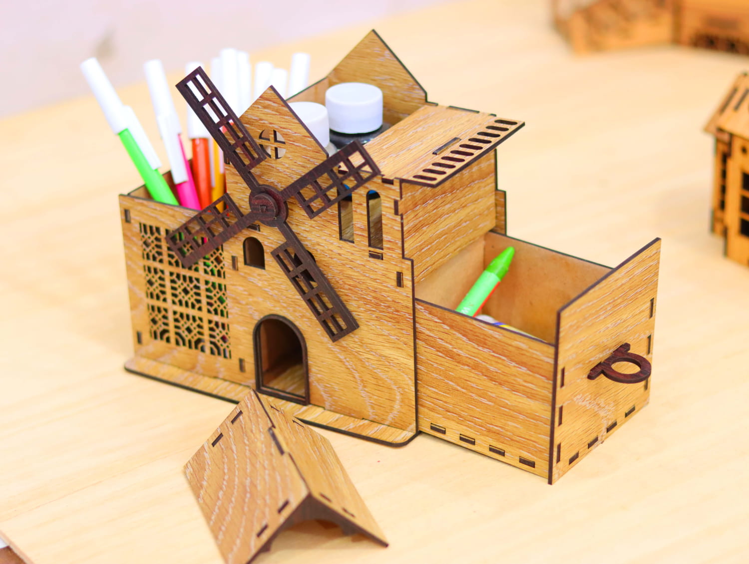 Laser Cut Windmill Shaped Desk Organizer With Drawer Free Vector