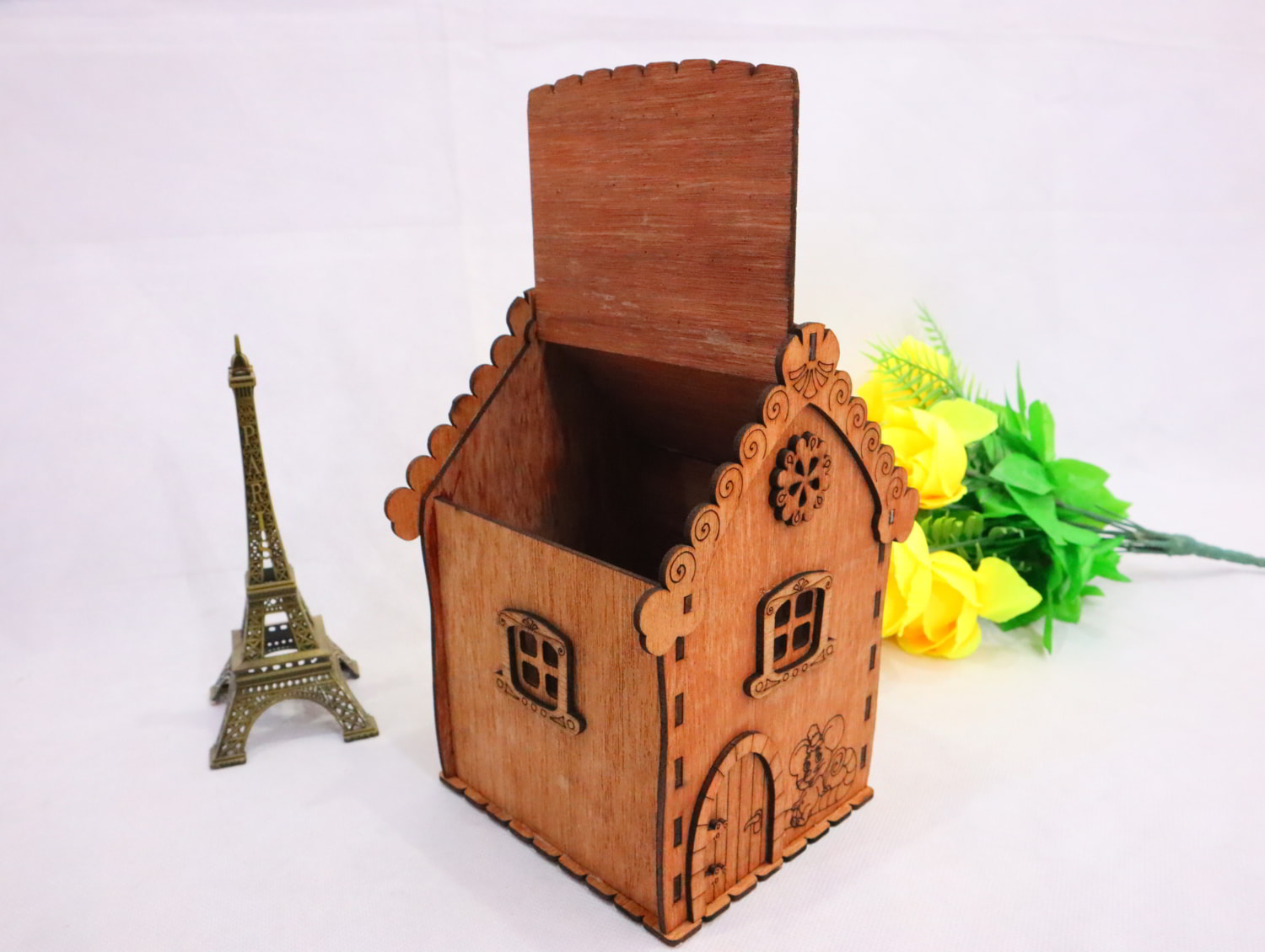 Laser Cut House Shape Gift Box With Handle 3mm Free Vector