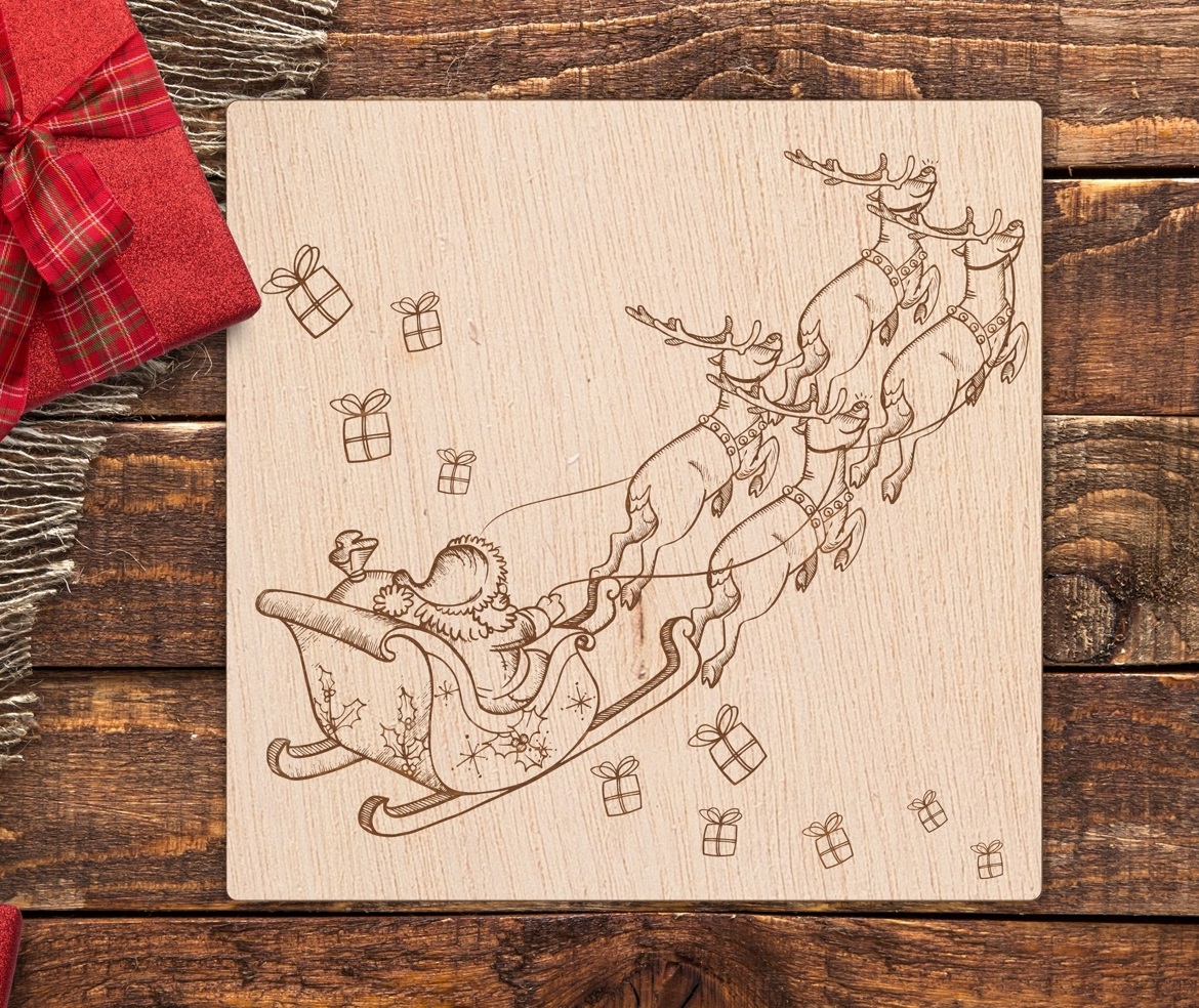 Trineo de renos de Papá Noel con tema navideño grabado con láser
