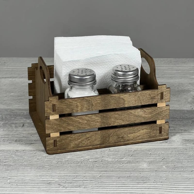 Laser Cut Rustic Wood Napkin Holder with Salt and Pepper Shakers Caddy