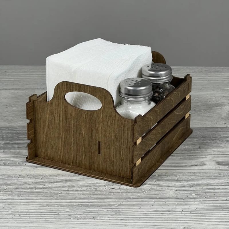 Laser Cut Rustic Wood Napkin Holder with Salt and Pepper Shakers Caddy