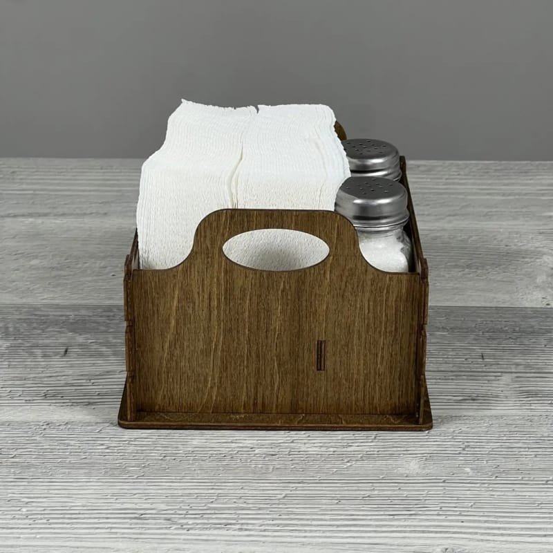 Laser Cut Rustic Wood Napkin Holder with Salt and Pepper Shakers Caddy