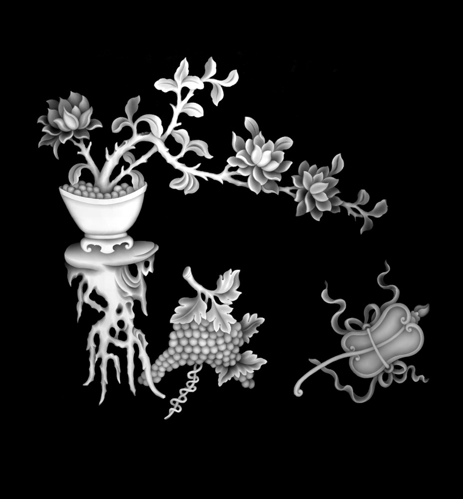 Florero con flores Uvas Imagen en escala de grises