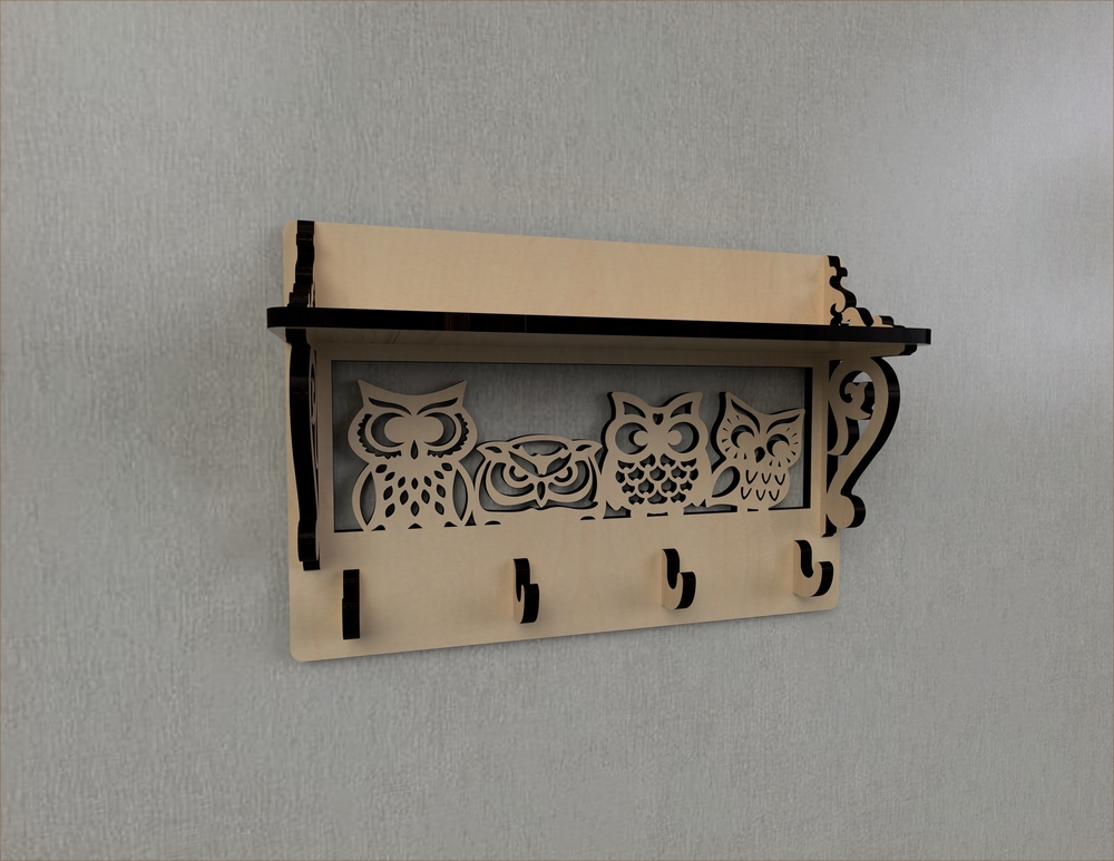 Laser Cut Owl Decor Wall Mounted Coat Rack Shelf Coat Hook Rack Entryway Shelf Free Vector