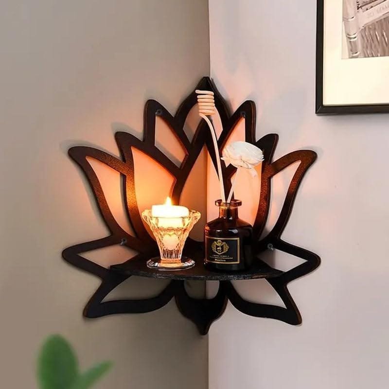 Laser Cut Wooden Lotus Wall Shelf – Lotus Corner Floating Shelf