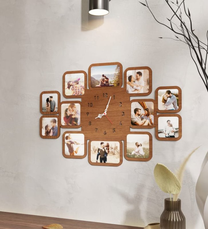 Laser Cut Personalized Wooden 12 Photo Frame Wall Clock