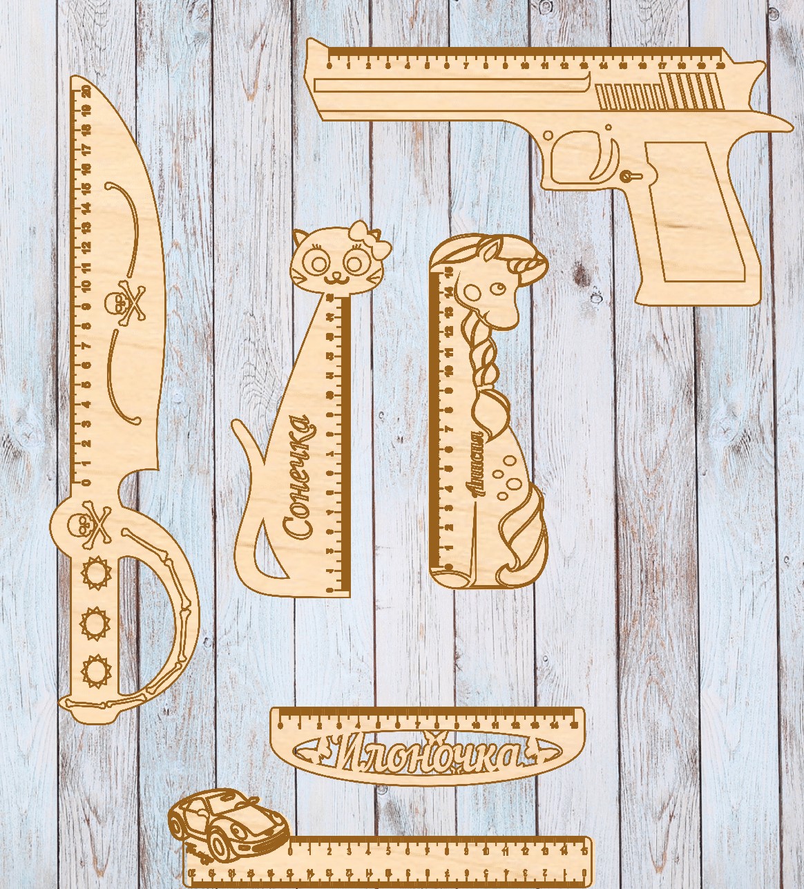Laser Cut Retro Shaped Wooden Rulers Free Vector