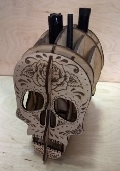 Laser Cut Skull Pen Holder Desk Organizer Template Free Vector