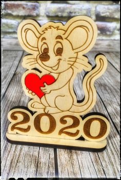 Souris Happy New Year 2020 découpée au laser avec coeur