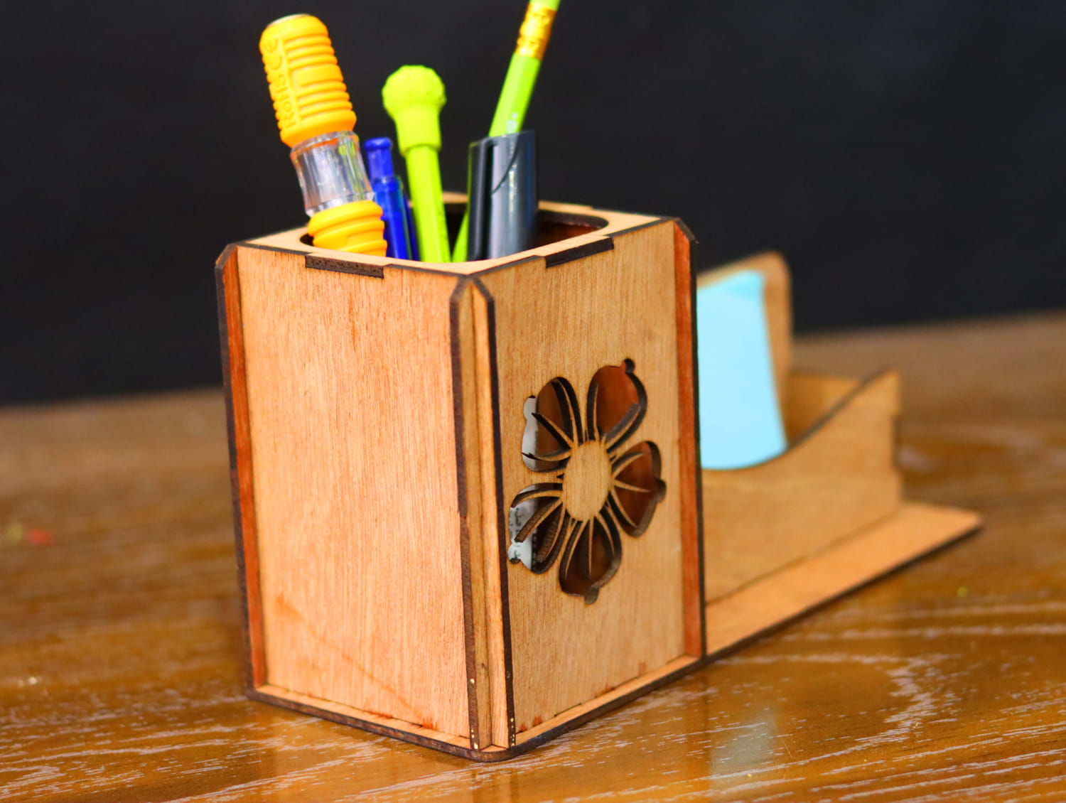 Laser Cut Wooden Desk Organizer Pen And Cards Holder Free Vector