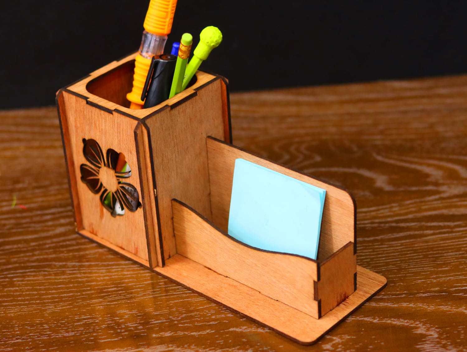 Laser Cut Wooden Desk Organizer Pen And Cards Holder Free Vector