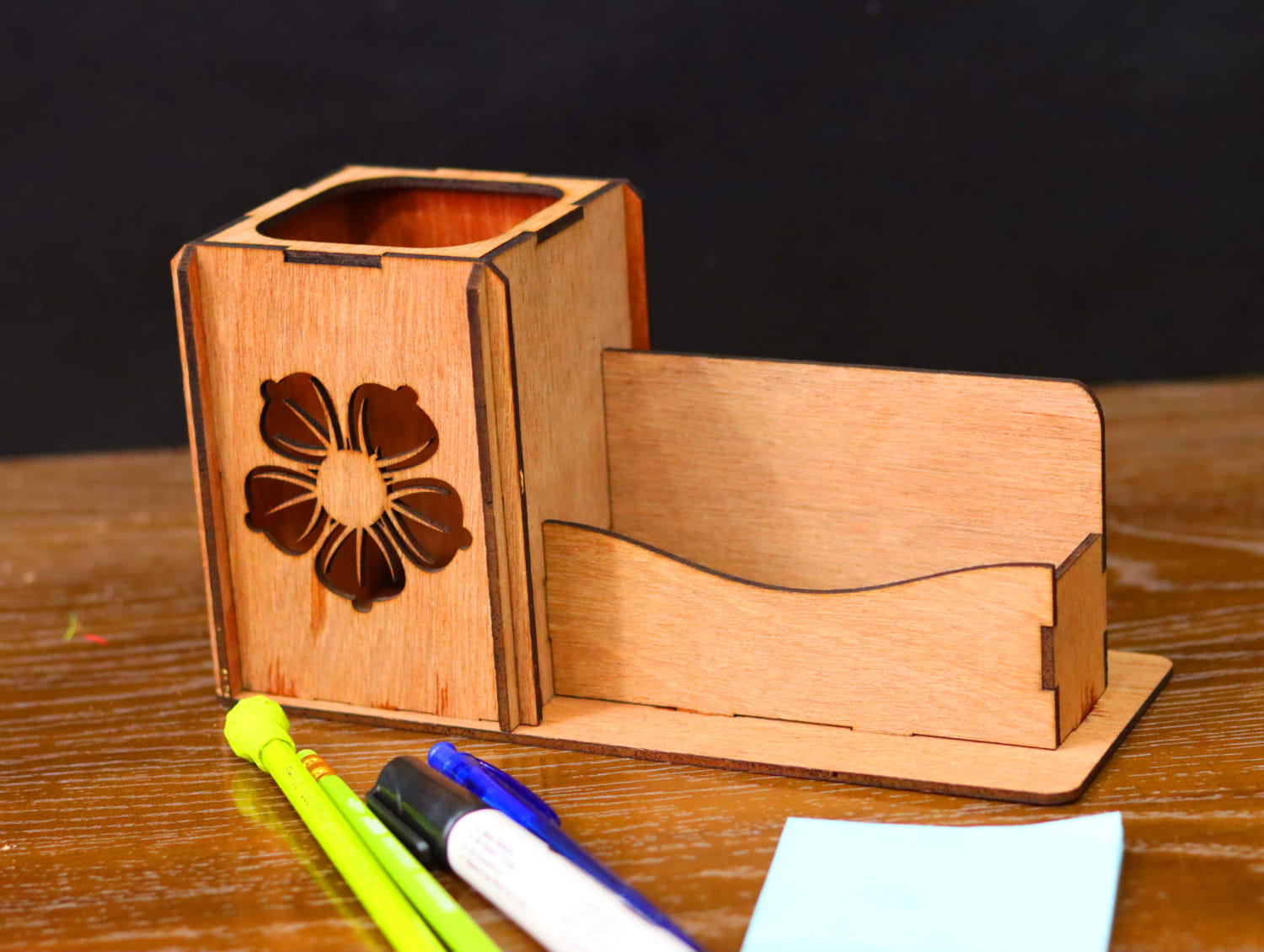 Laser Cut Wooden Desk Organizer Pen And Cards Holder Free Vector