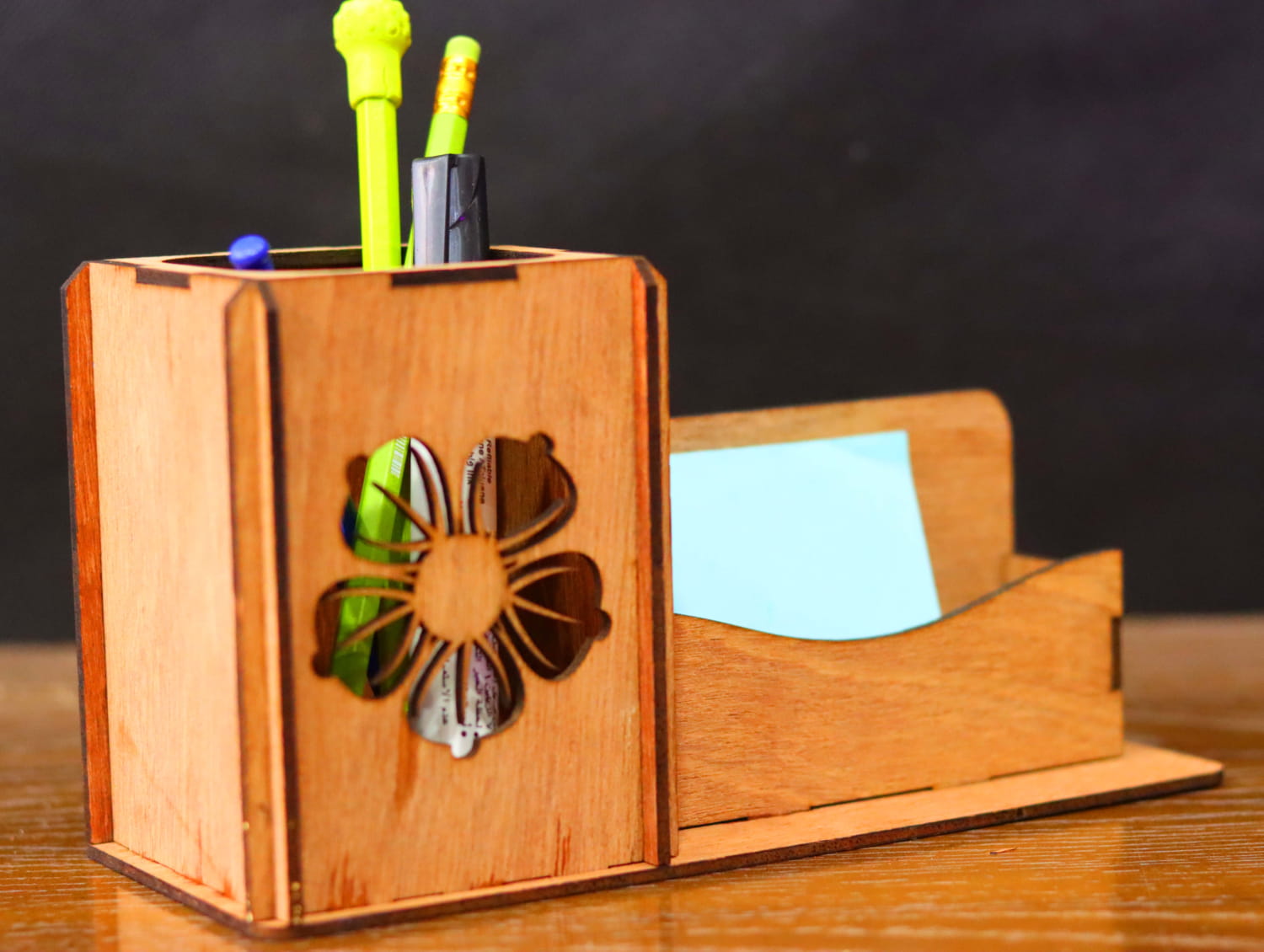 Laser Cut Wooden Desk Organizer Pen And Cards Holder Free Vector