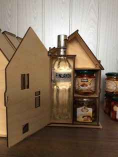 Lasergeschnittene Wodka-Geschenkbox in Hausform, 4 mm Sperrholz