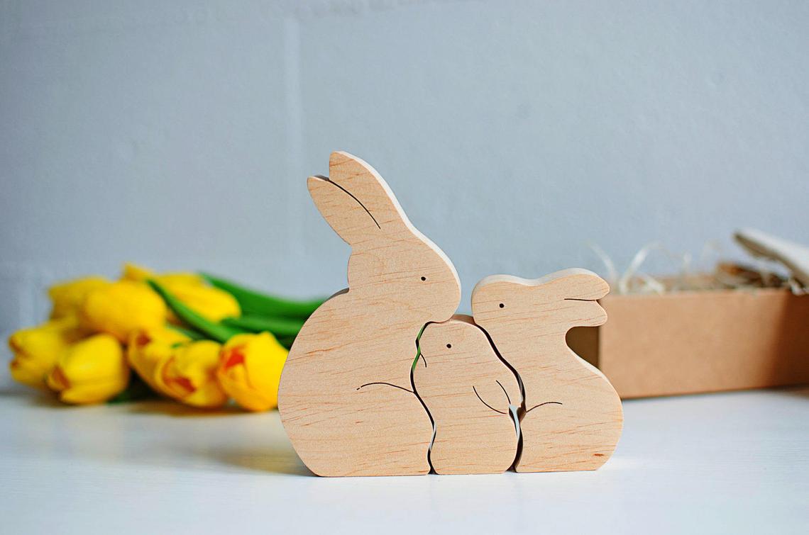 Lazer Kesim Ahşap Tavşan Yapboz Tavşan Ailesi Paskalya Çocukları Hediyelik Oyuncaklar