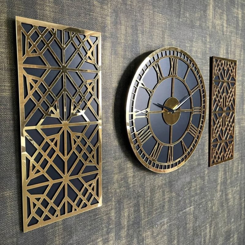 Laser Cut Majestic Roman Numeral 3 Piece Wall Clock, Modern Acrylic Mirror Large Clock