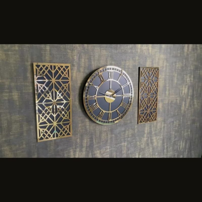 Laser Cut Majestic Roman Numeral 3 Piece Wall Clock, Modern Acrylic Mirror Large Clock
