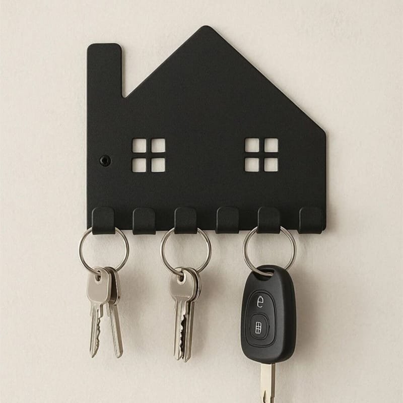 Laser Cut House Shaped Metal Key Holder, Wall Mounted Family Keys Hanger