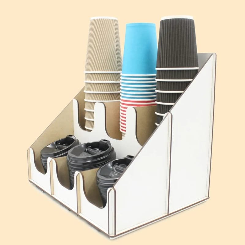 Laser Cut Coffee Cup and Lid Dispenser 6 Slot, Coffee Bar Station Organizer