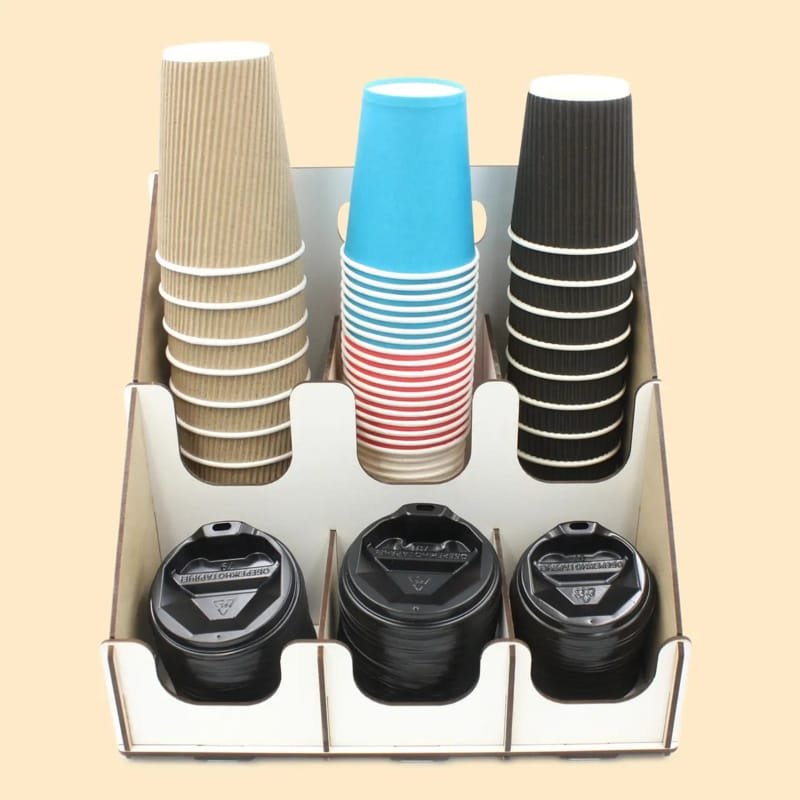 Laser Cut Coffee Cup and Lid Dispenser 6 Slot, Coffee Bar Station Organizer